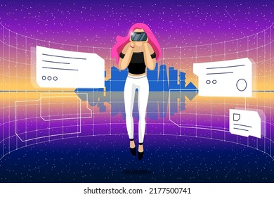 Young woman with VR helmet connecting to futuristic technology metaverse virtual reality with abstract cityscape on skyline. Girl in future interface 3d cyberpunk city landscape. Cyber space. Eps