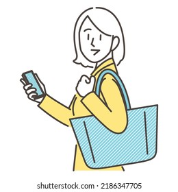 Young woman waiting for someone outdoors. She is smiling and holding her phone [Vector illustration].