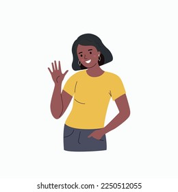 Young woman waives hand in hello gesture while smiling cheerfully and holding hand in pocket. Vector flat cartoon illustration