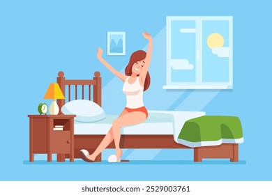 A young woman wakes up in her cozy bedroom, stretching joyfully as sunlight fills the space. She\'s sitting on her bed, ready to start the day.