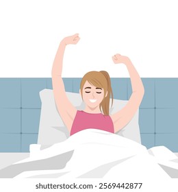 Young woman wakes up in the morning and stretches. Flat vector Character Illustration