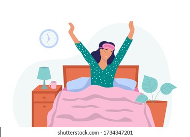 A young woman wakes up. The concept of daily life, everyday leisure and work activities. Flat cartoon vector illustration.