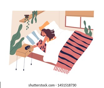 Young woman waking up in morning. Female character lying in bed and turning off alarm clock. Start of working day, everyday life, daily activity. Colorful vector illustration in flat cartoon style.