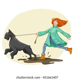 Young woman walk, run with big black dog. Vector illustration