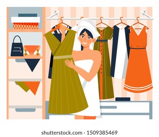 Young woman in a walk-in wardrobe selecting clothes to wear for the day holding up a dress on a hanger in a Daily Life concept , vector cartoon illustration