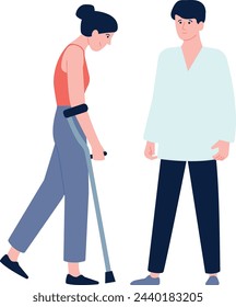 Young woman walking with aid. Injury recovery concept