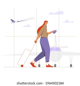 Young woman walking at the airport with luggage, boarding pass and passport, waiting for the flight with airplane in background. Travel concept vector illustration