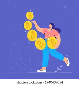 Young woman walking alone and carrying five golden bitcoins. Flat modern concept vector illustration of people who buying and selling cryptocurrency and mining blockchain coins on growing markets