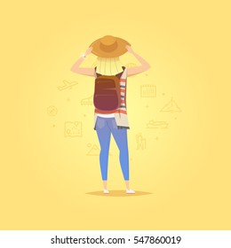 Young woman walking alone.  Girl looks. Adventure travel. Summer vacation. Around the world. Cartoon style. Vector illustration.