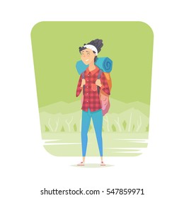 Young Woman Walking Alone On A Forest Trail.  Adventure Travel. Summer Vacation. Around The World. Cartoon Style. Vector Illustration.