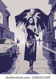 young woman walking along a wet street in the rain. She is holding an umbrella. The street is lined with buildings, and a car is parked on the side of the road. The sky is gray and it is raining.