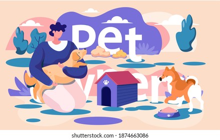 Young woman is walking with animal on the street. Dog is standing near a bowl of food. Trainer holding pet in his arms. Rehearsal with an animal outside. Pet ownership concept. Girl playing with puppy