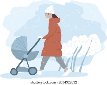 Young woman walking with a baby bassinet stroller in winter. Mother and child walk in the park. Flat vector character