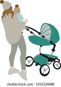 Young Woman Walking with Baby Carriage in city park, Mother and Child Spend Time Together, Maternity, Parenting, Love, Human Relations. Cartoon Flat Vector Illustration, 