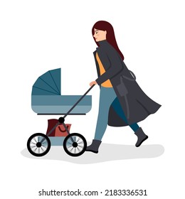 Young woman walking with a baby in a stroller.The female character is dressed in a long autumn raincoat.Vector flat cartoon illustration isolated on white background.For design poster,banner.