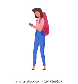 Young Woman Walking with Backpack and Mobile Phone Vector Illustration