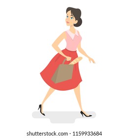 Young woman walking with bag with bread from the store. Isolated vector illustration in cartoon style