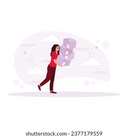 A young woman is walking carrying a pile of cardboard. Full Stack Concept. Trend Modern vector flat illustration