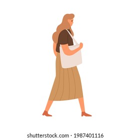 Young woman walking in casual clothing. Profile of abstract female character with shoulder bag, wearing skirt and blouse. Colored flat vector illustration isolated on white background