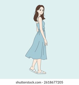 Young woman walking in a casual summer dress with a relaxed smile on a light background. Flat vector illustration representing fashion, lifestyle, and freedom.