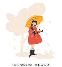 Young Woman Walking a Cat with Umbrella in Autumn Park Flat Style Illustration