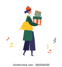 A young woman walking in Christmas. Stylish woman walking around the street. Flat cartoon colorful vector illustration.