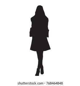 Young woman walking in coat, isolated vector silhouette