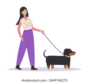 Young woman walking with cute dog. Happy pet owner with dachshund. Dog trainer or dog walker. Side view. Flat Vector illustration isolated on white background