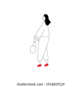 Young woman walking. Cute female character is holding bag. Vector flat style cartoon illustration