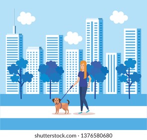 young woman walking with dog