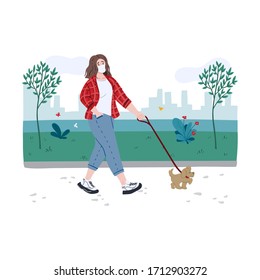 Young woman walking a dog along the waterfront during coronavirus world pandemic. Prevention measures. Hand drawn doodle cartoon concept illustration. 