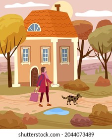 Young Woman Walking Dog In The Autumn City Park. Autumn Fall Mood. Vector Illustration Banner, Poster, Banner, Postcard,