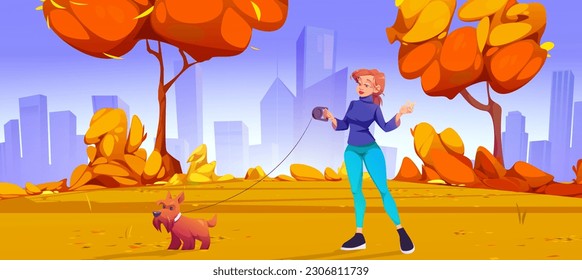 Young woman walking dog in autumn park. Vector cartoon illustration of female character wearing casual clothes strolling with pet animal on leash in city garden with yellow trees, cityscape background