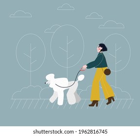 Young woman walking a dog breed poodle in the city. Flat vector illustration.