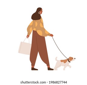 Young woman walking with dog. Dark-skinned person in casual clothes with pet on leash during stroll. Colored flat vector illustration of modern female character isolated on white background