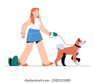 Young Woman Walking Dog In Flat Vector Illustration Symbolizing Pet Care, Outdoor Activity, And Dog Walking, Isolated On White Background