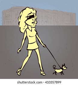 Young woman walking with dog. Hand drawn cartoon vector illustration.