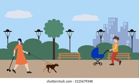 Young Woman Walking Dog And Mature Woman Pushing Baby Carriage During A Walk In Public Park