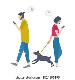 Young woman walking dog on leash and man passing by each other, looking at their mobile phones and checking social networks. People addicted to electronic devices. Flat cartoon vector illustration.