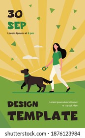 Young woman walking dog on leash. Girl leading pet in park flat vector illustration. Animal care, adoption, lifestyle concept for banner, website design or landing web page