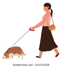 Young woman walking with dog on leash. Person with pet