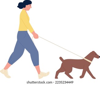 Young woman walking with dog on leash. Happy person