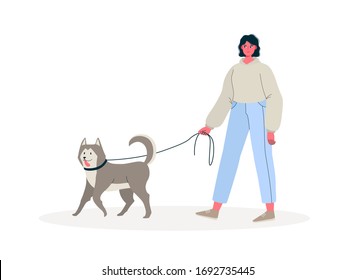 Young woman walking with dog outdoor, healthy active lifestyle. Colorful flat cartoon vector Illustration for service of pet sitter, walker, vet clinic, pet care, hospital, dog shelter.