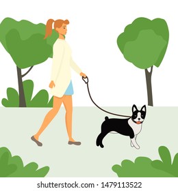 Young woman walking with the dog in the park. Flat cute illustration.
