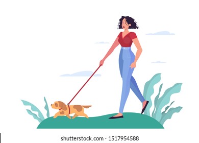 Young woman walking a dog in the park. Attractive girl with a pet. Vector illustration in cartoon style isolated