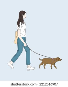 Young Woman Walking With Dog. Pet Owner Strolling With Cute Puppy On Leash. Outdoor Activity Concept. For Postcard, Poster. Simple Line Drawing. Trendy Vector Illustration. Hand Drawn Style.