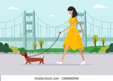 Young woman walking dog in San Francisco. Flat design style. Vector illustration. 