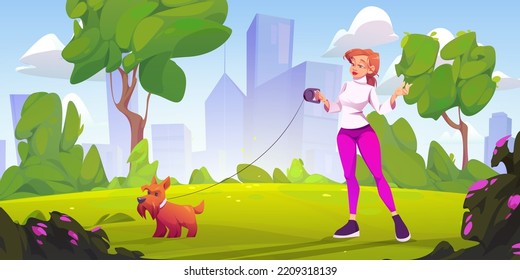 Young woman walking dog in summer city park. Certoon vector illustration of female character standing on green lawn with pet on leash, urban buildings and trees on background. Outdoor activity