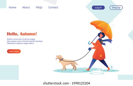 Young woman walking the dog under umbrella, autumn, rainy weather