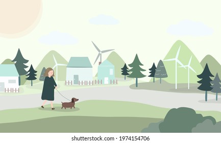 Young woman walking with a dog in the village for relax, Leisure with puppy in cartoon charactor, Isolated vector illustration